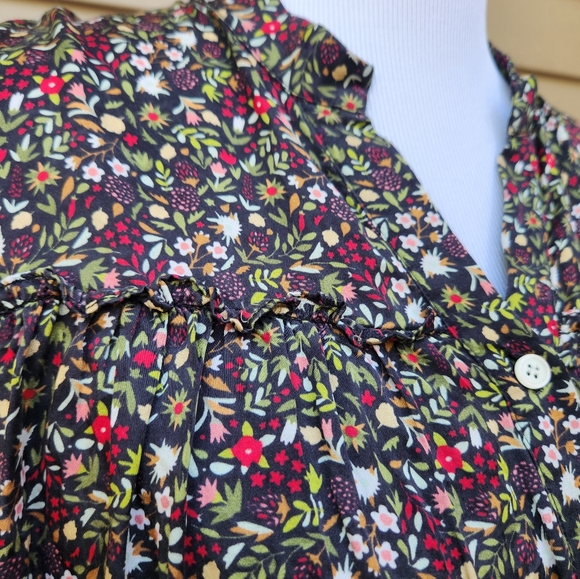 Saccharine Multicolor Floral Print Button-Up Blouse Ruffle Trim Cotton Silk - Picture 4 of 12
